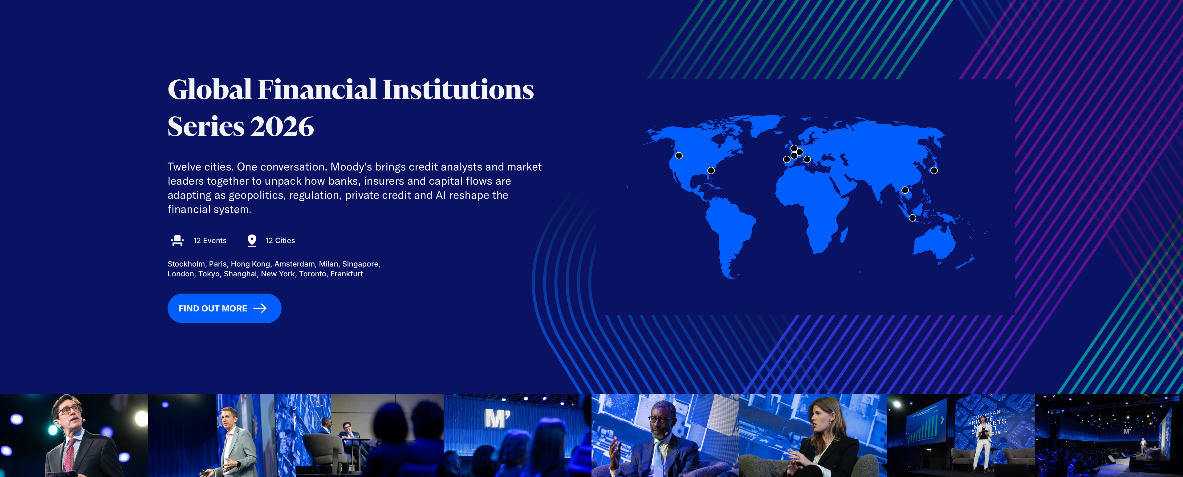 Moody's Event Series section — Global Financial Institutions Series 2026, world event map and event photo strip